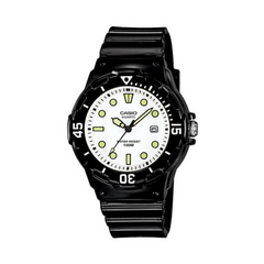 Black Casio watch with a white face on a white background
