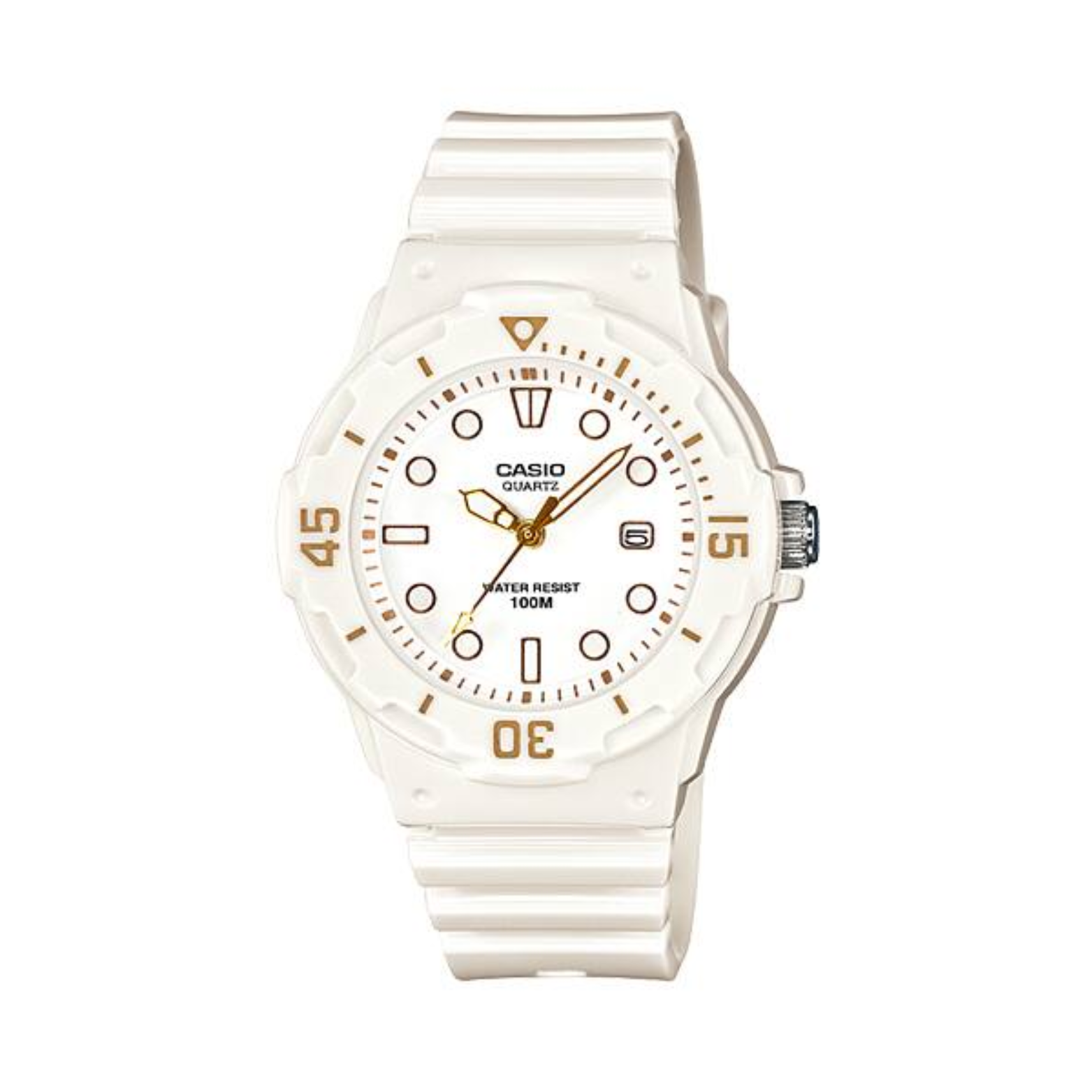 White Casio watch with a white strap on a white background