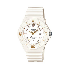 White Casio watch with a white strap on a white background