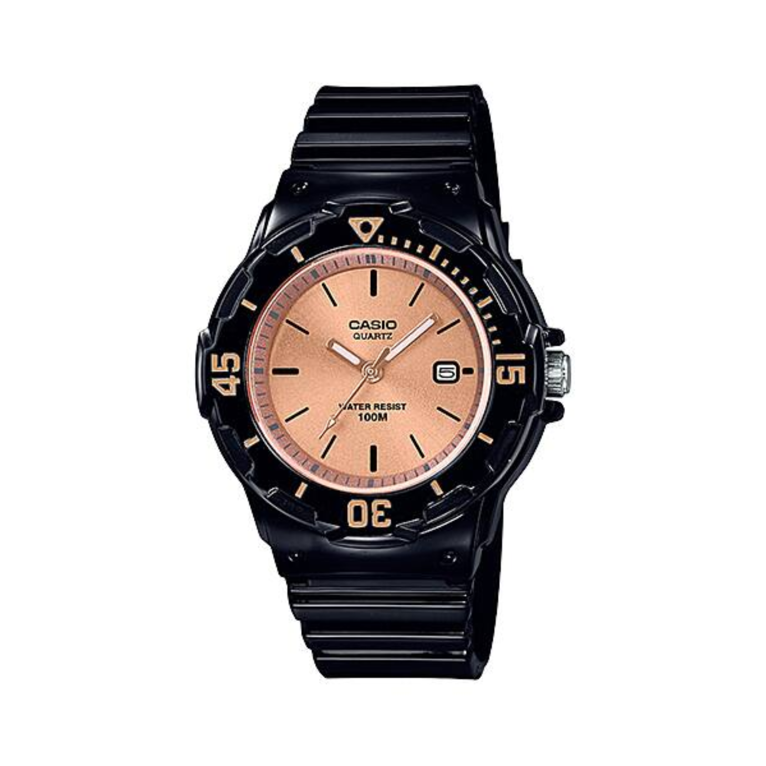 Black Casio watch with a rose gold face on a white background