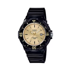 Black Casio watch with a gold face on a white background
