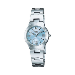 Silver Casio watch with a light blue face on a white background
