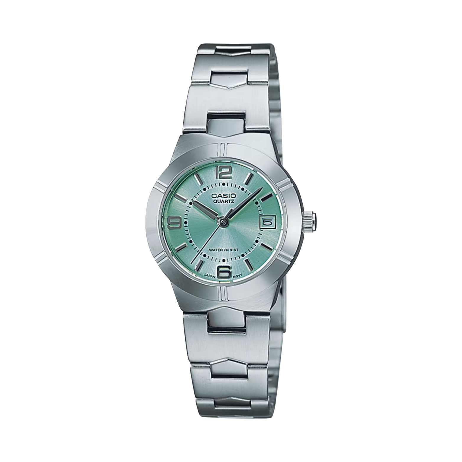 Casio watch with silver strap and green dial on a white background