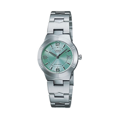 Casio watch with silver strap and green dial on a white background