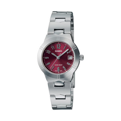 Casio watch with a silver strap and red dial on a white background