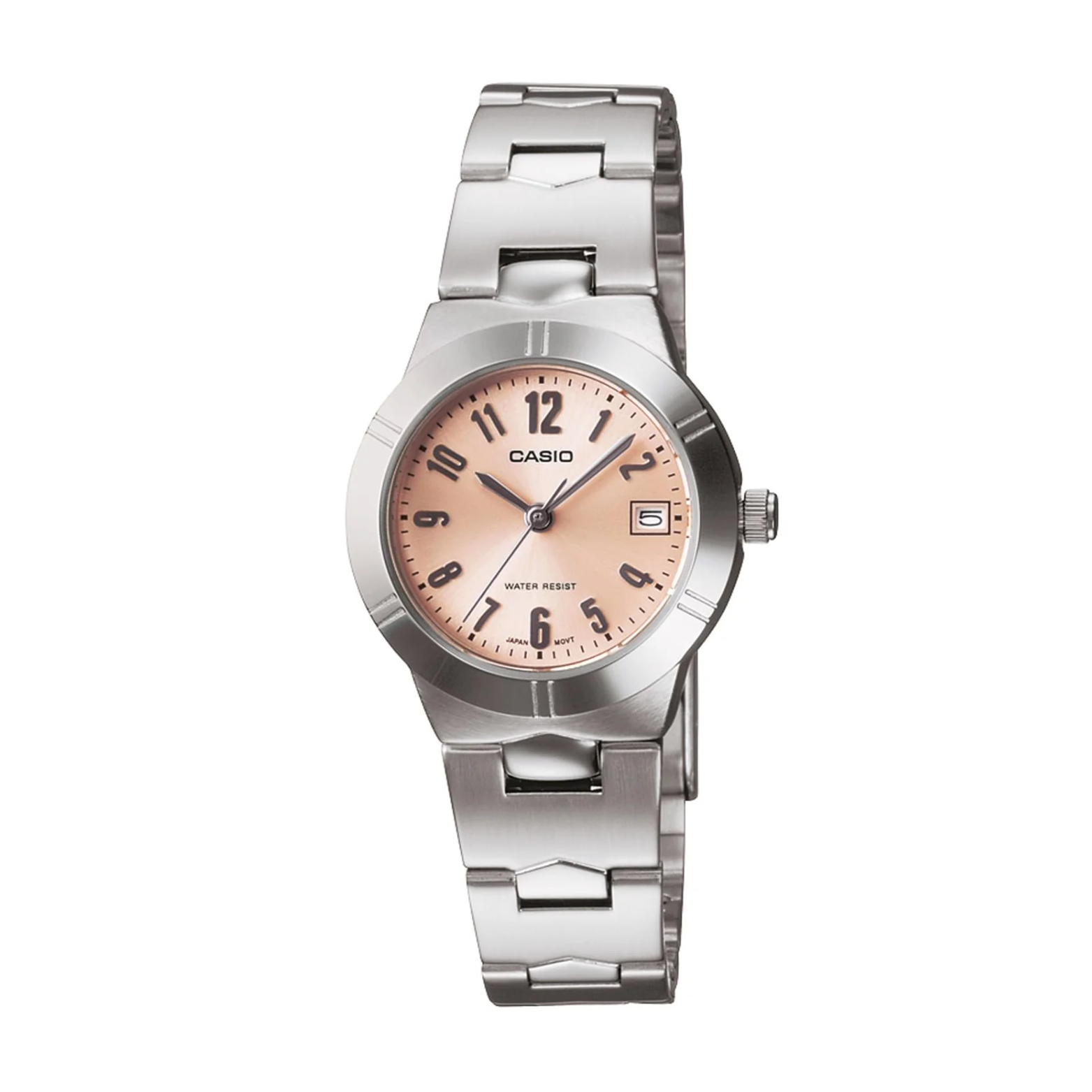 Casio watch with silver band and pinkish-beige dial on a white background