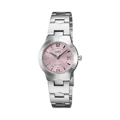 Casio watch with pink dial and silver bracelet on a white background