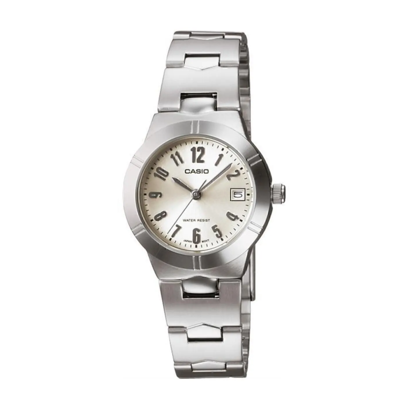 Silver Casio watch on a white background
