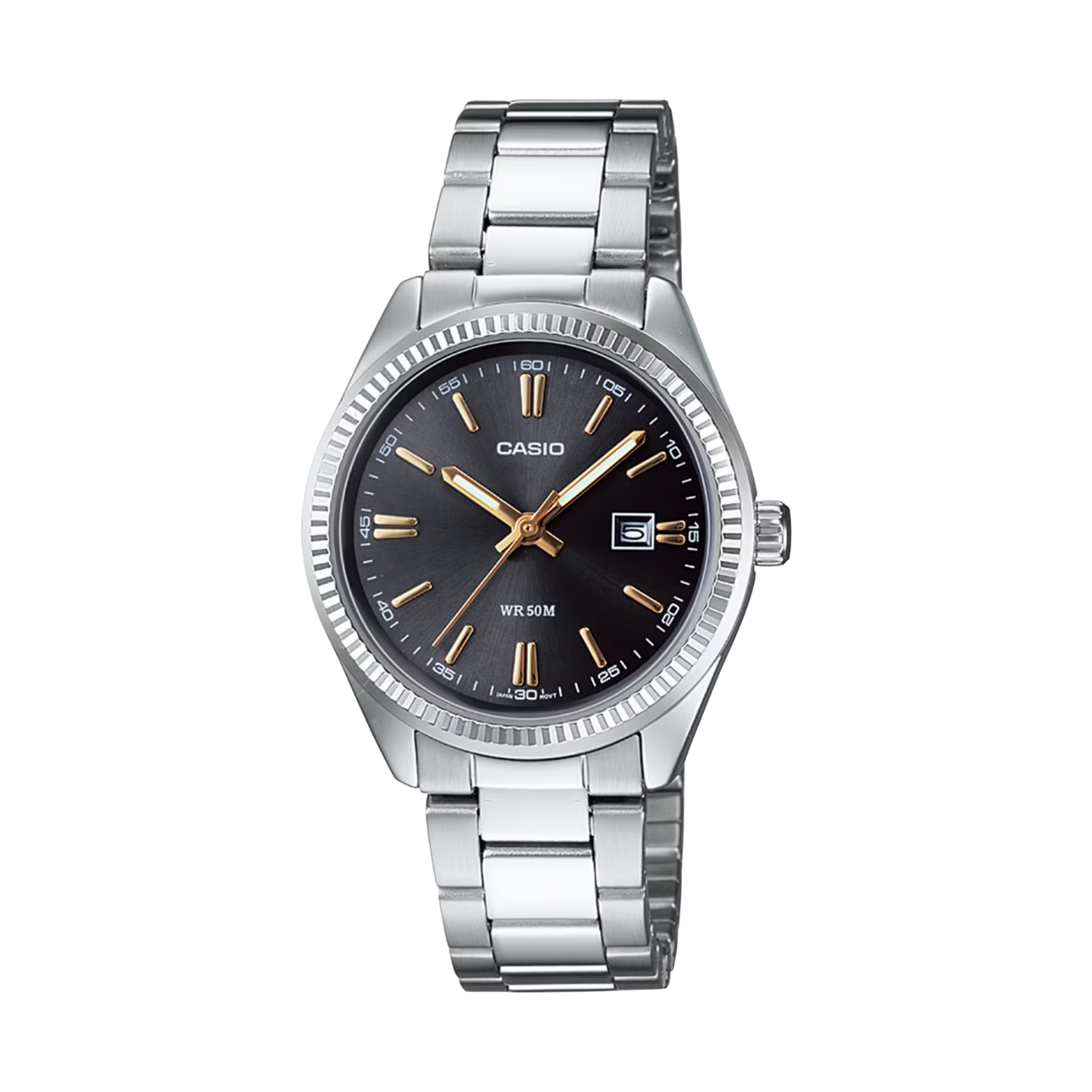 Casio watch with silver strap and black dial on a white background