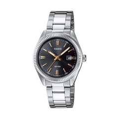 Casio watch with silver strap and black dial on a white background