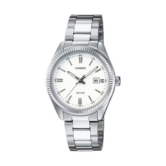 Silver Casio watch with a white face on a white background