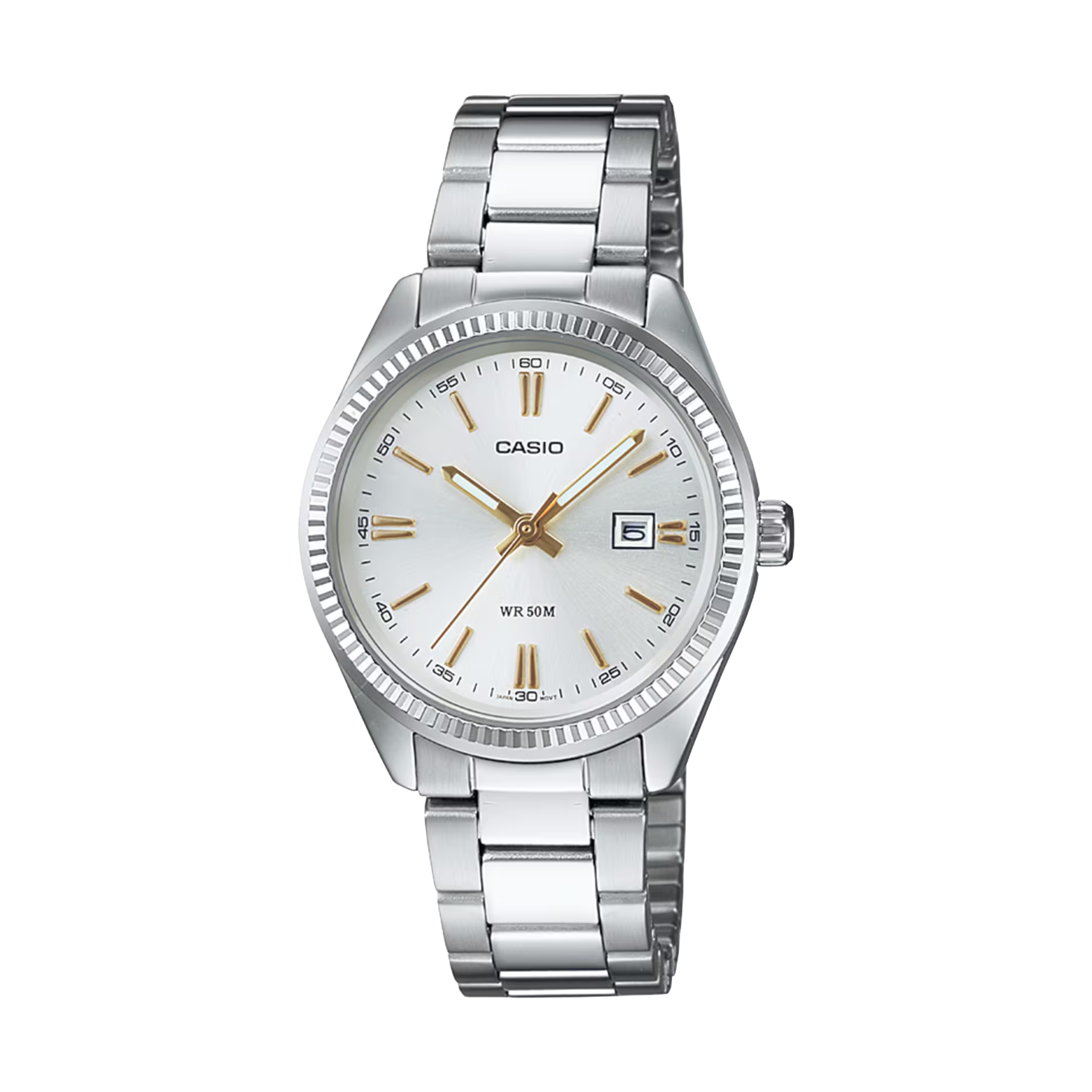 Silver Casio watch with a white face on a white background
