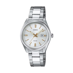 Silver Casio watch with a white face on a white background