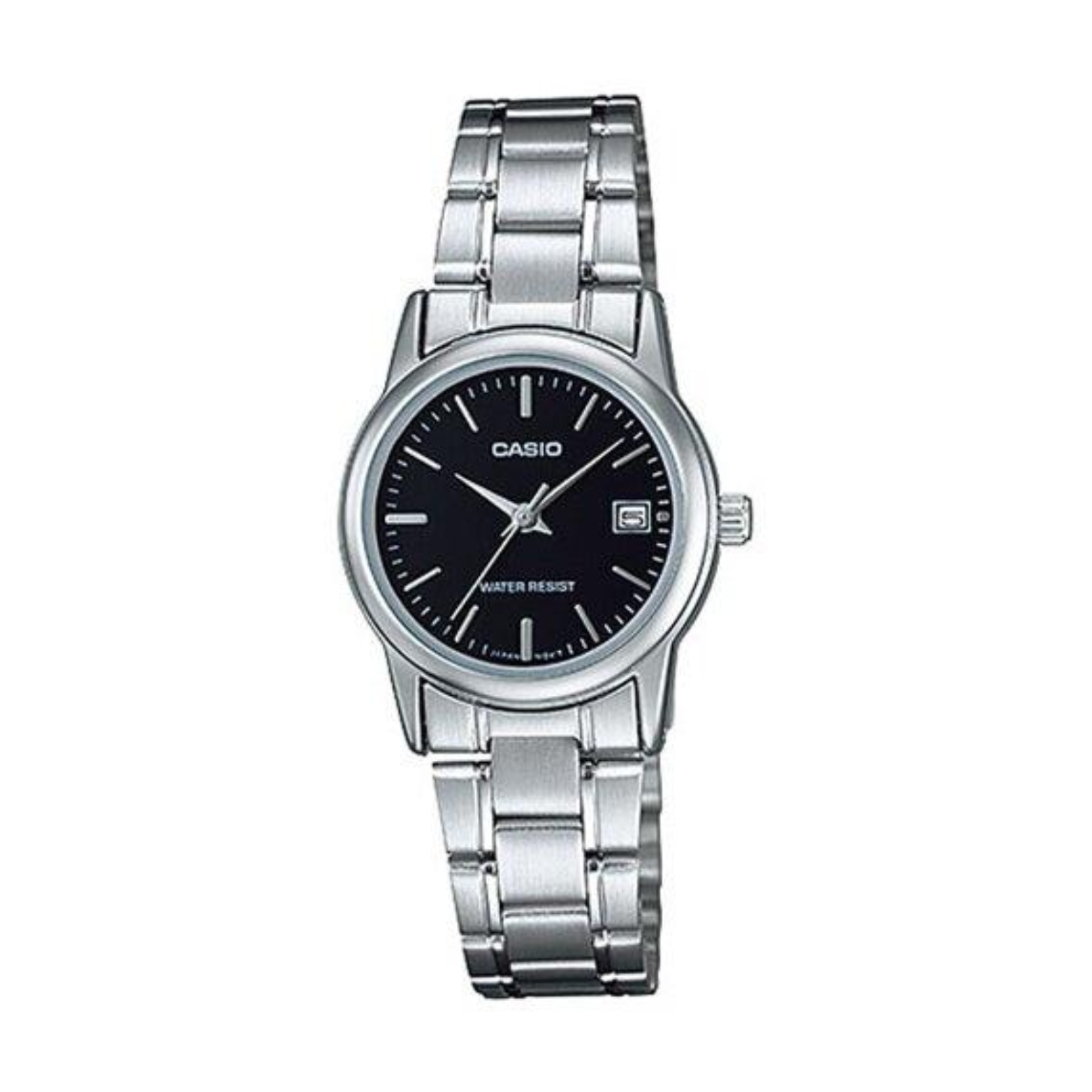 Casio watch with silver metal strap and black dial on a white background