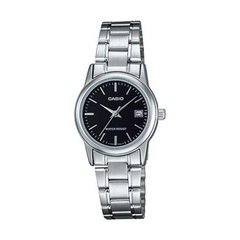 Casio watch with silver metal strap and black dial on a white background