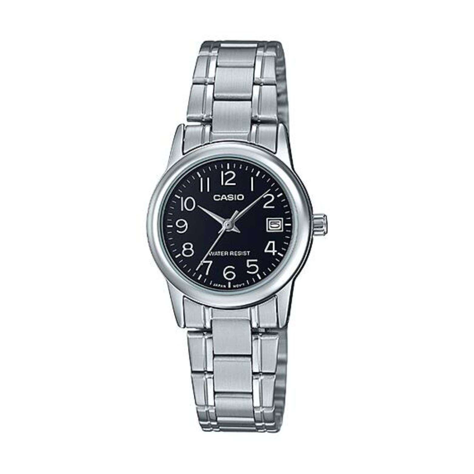 Casio watch with silver metal strap and black dial on a white background
