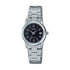 Casio watch with silver metal strap and black dial on a white background