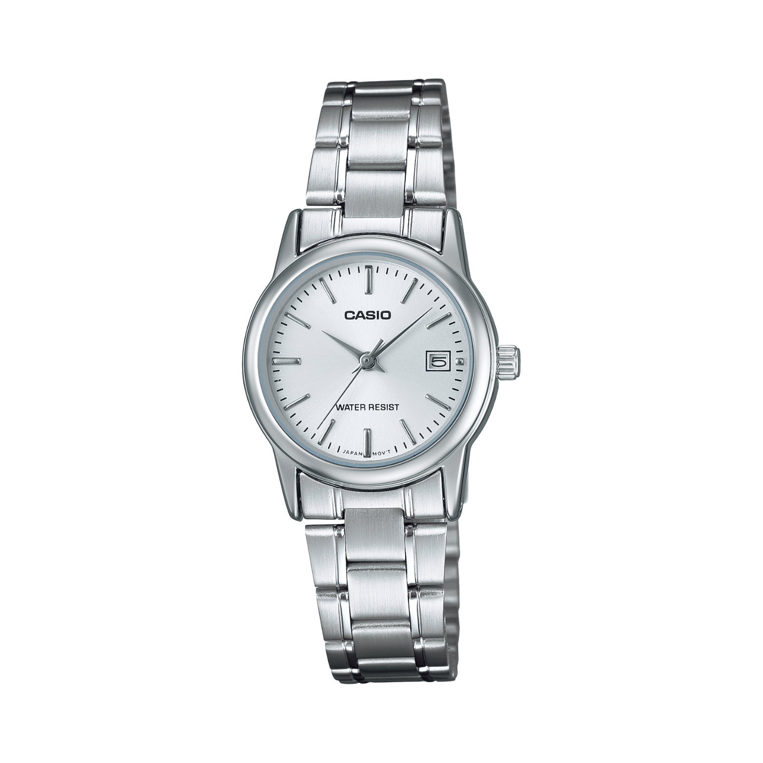 Silver Casio watch on a white background