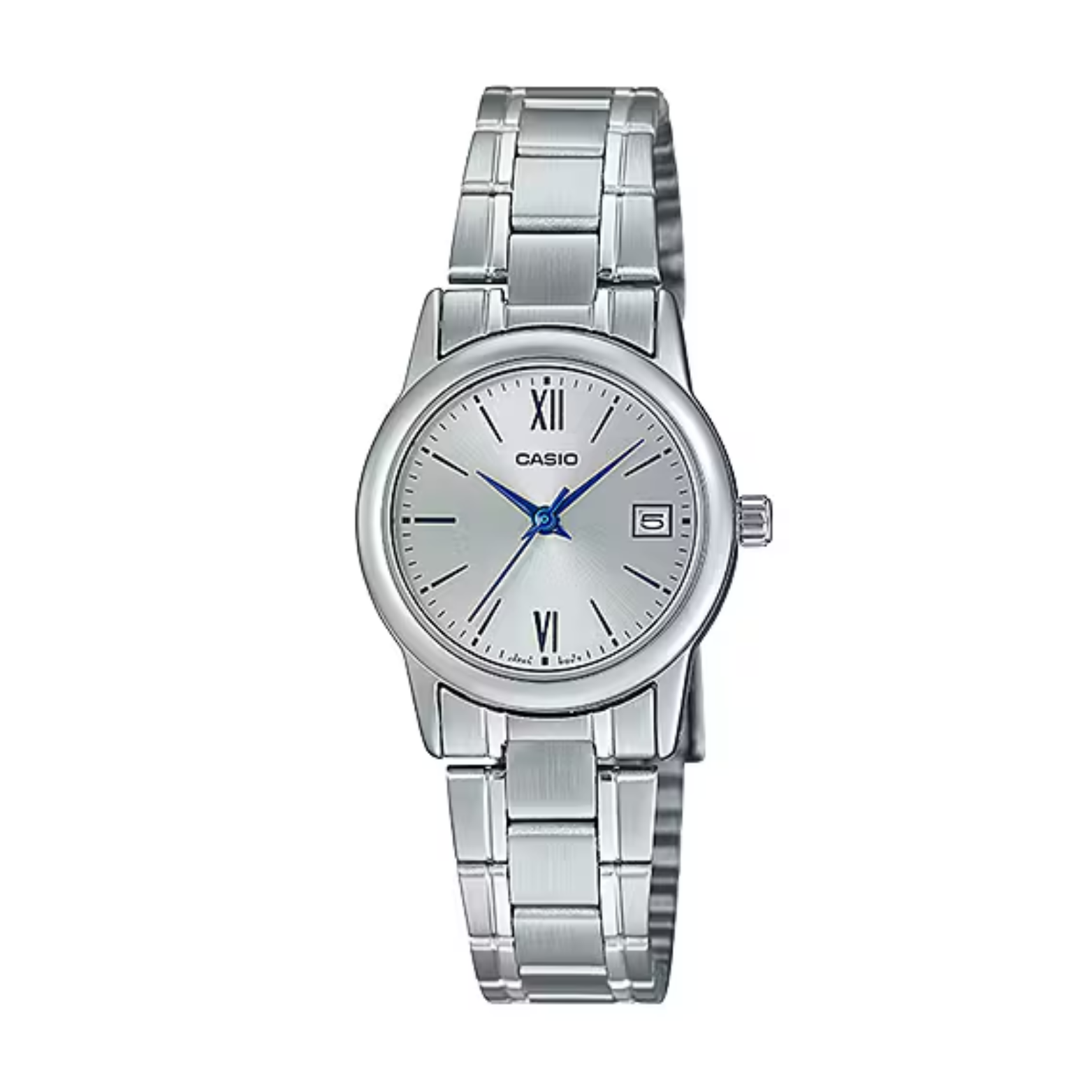 Silver Casio watch on a white background