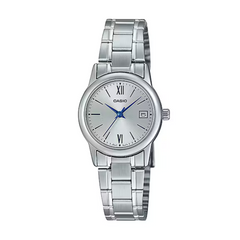 Silver Casio watch on a white background