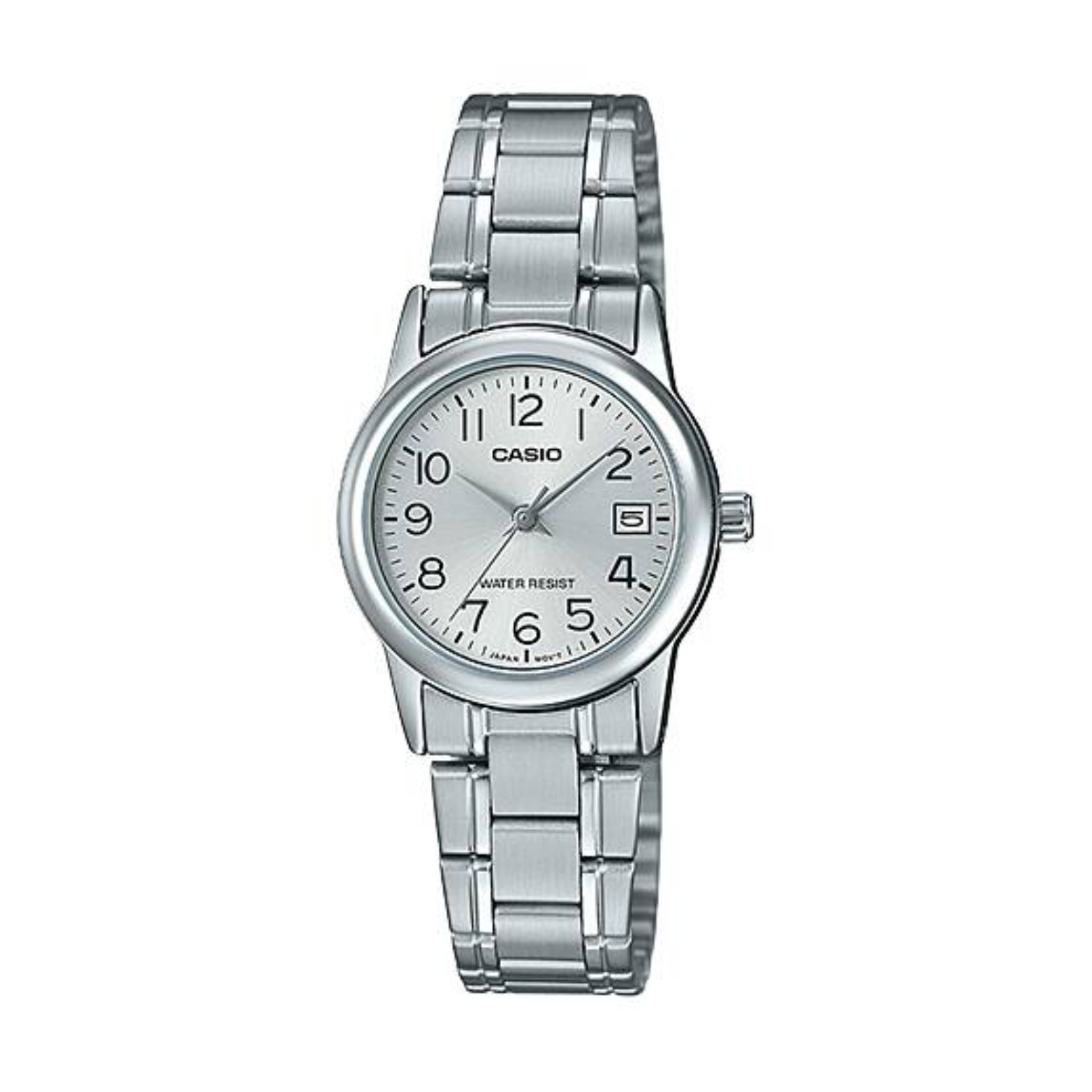 Silver Casio watch with a white face on a white background