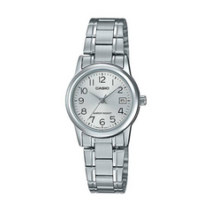 Silver Casio watch with a white face on a white background