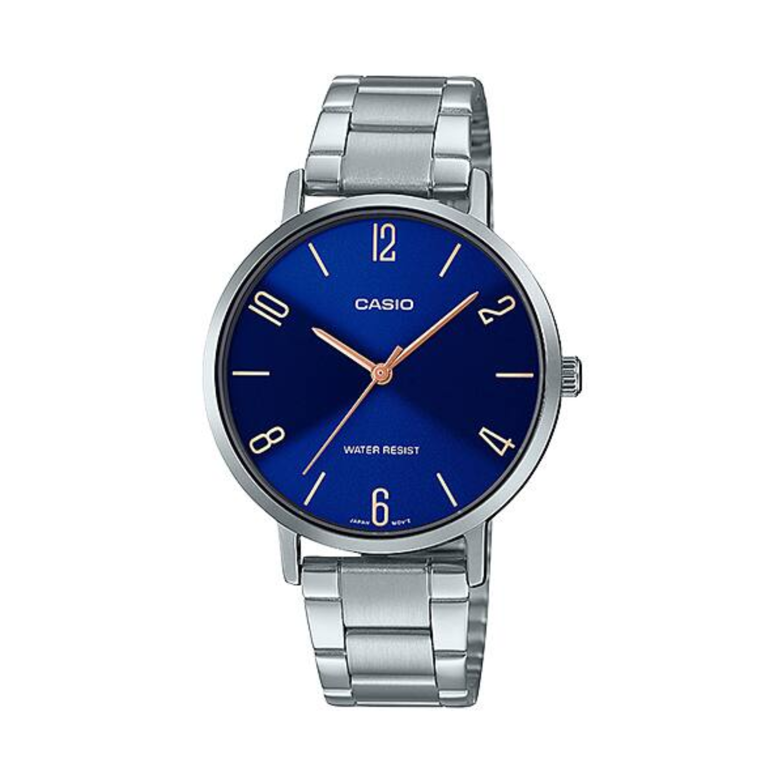 Casio watch with blue dial and silver metal strap on a white background