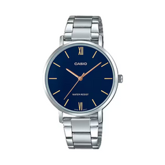 Casio watch with blue dial and silver metal strap on a white background