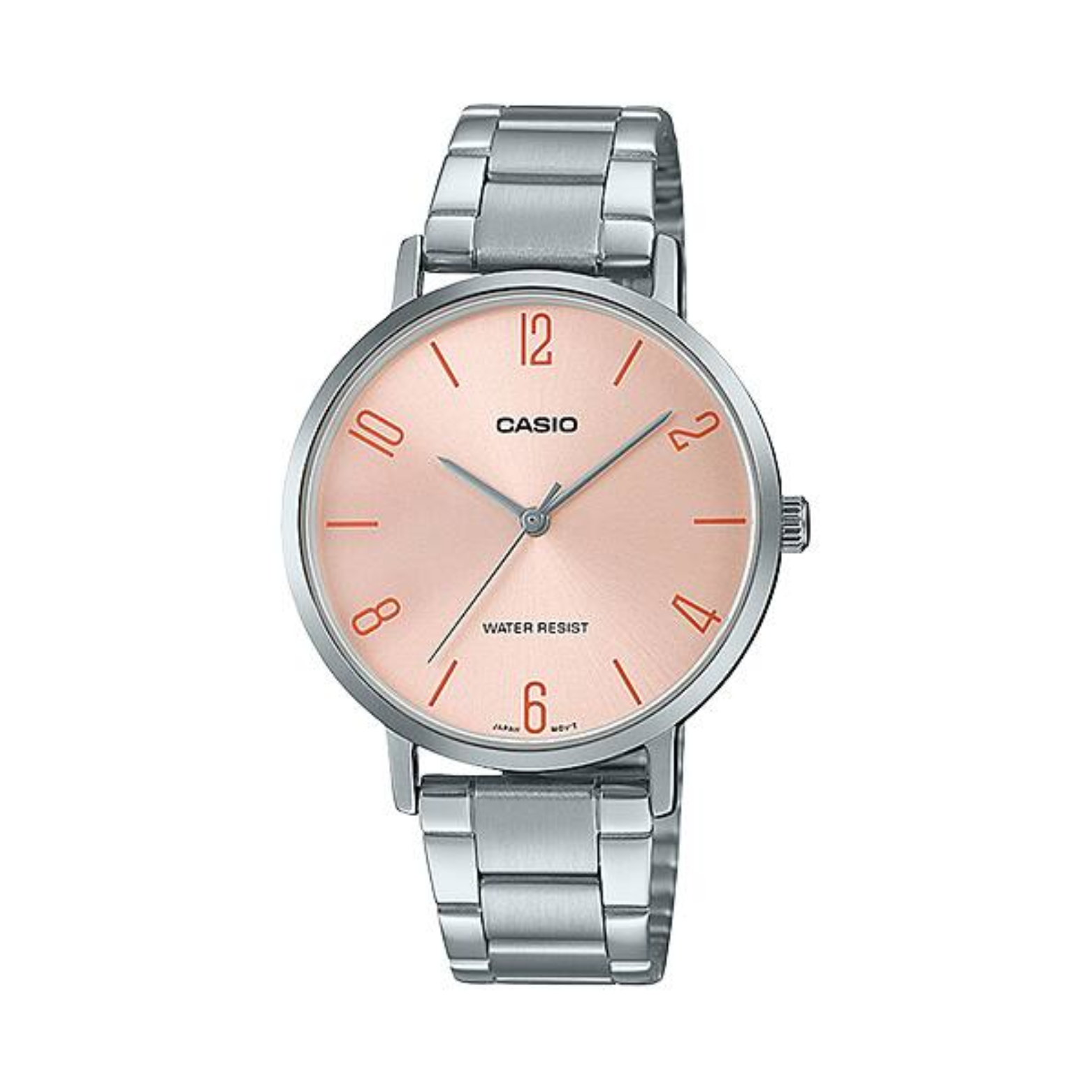 Casio watch with silver band and pink dial on a white background