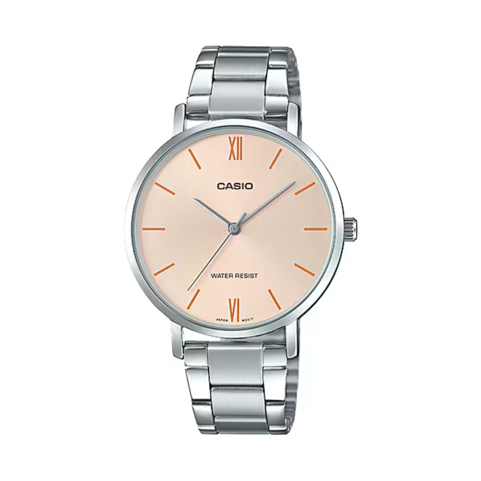 Casio watch with silver strap and beige dial on a white background