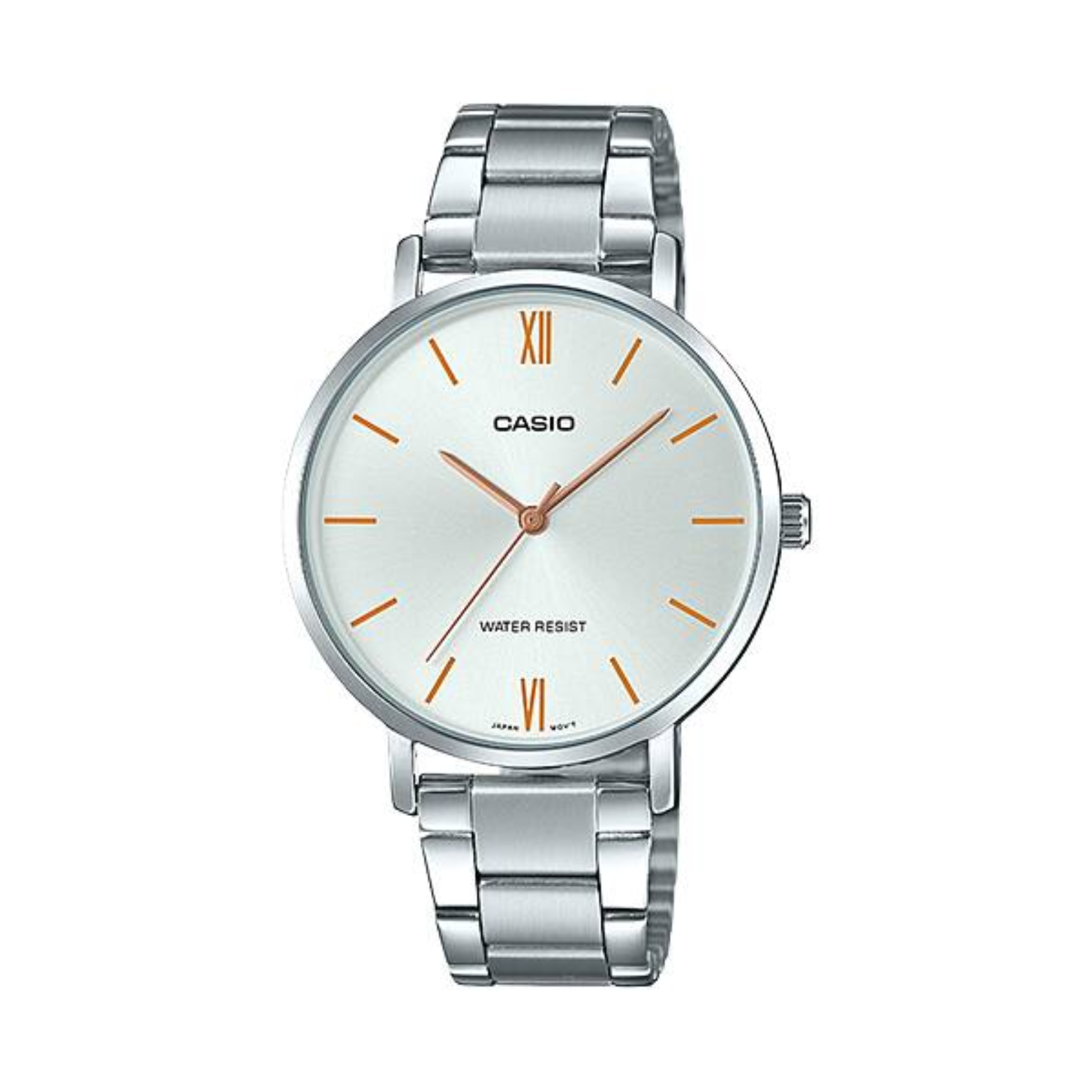 Silver Casio watch with a white face on a white background