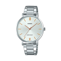 Silver Casio watch with a white face on a white background