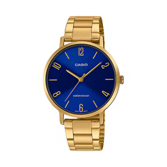 Gold Casio watch with a blue dial on a white background