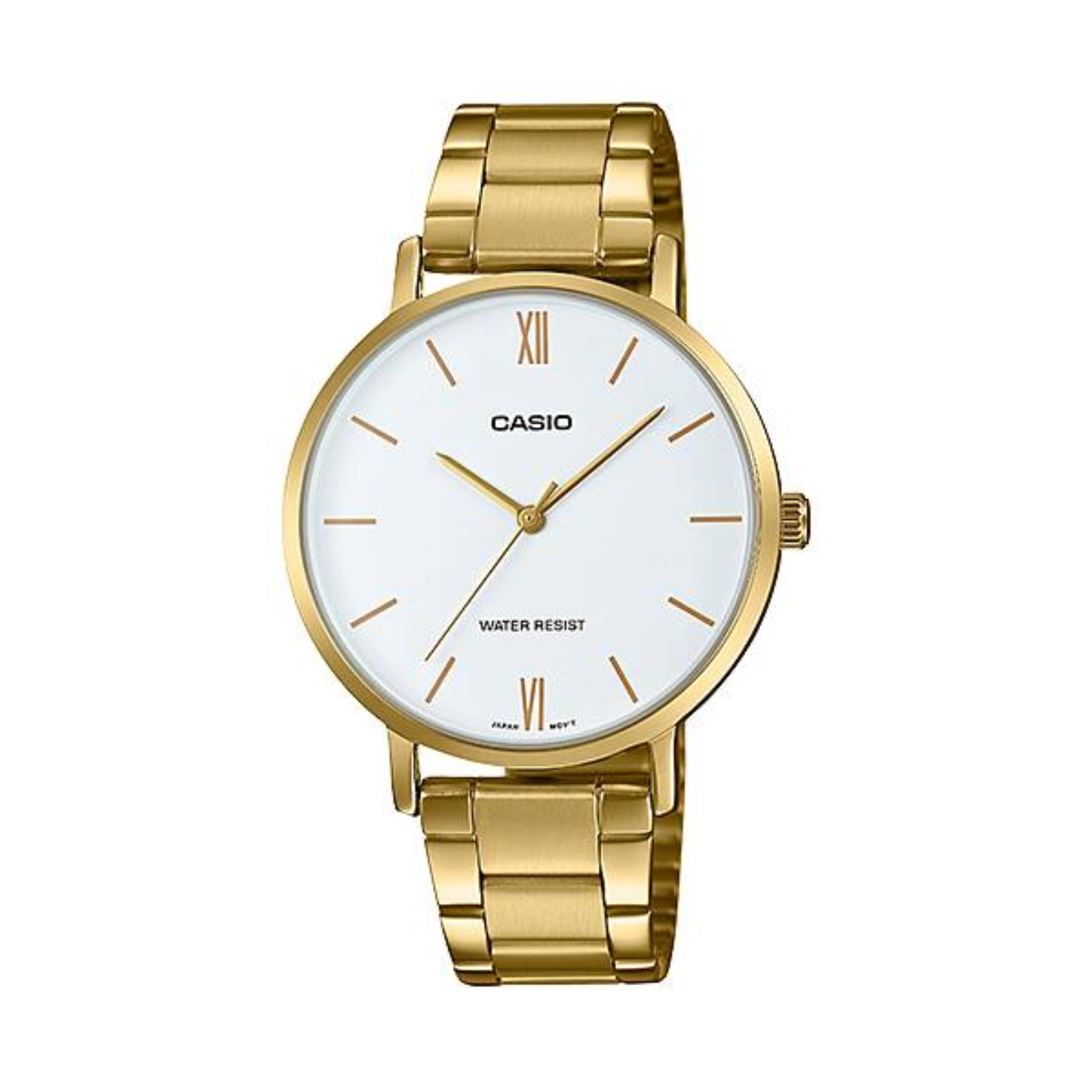 Gold Casio watch with a white face on a white background