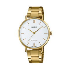 Gold Casio watch with a white face on a white background