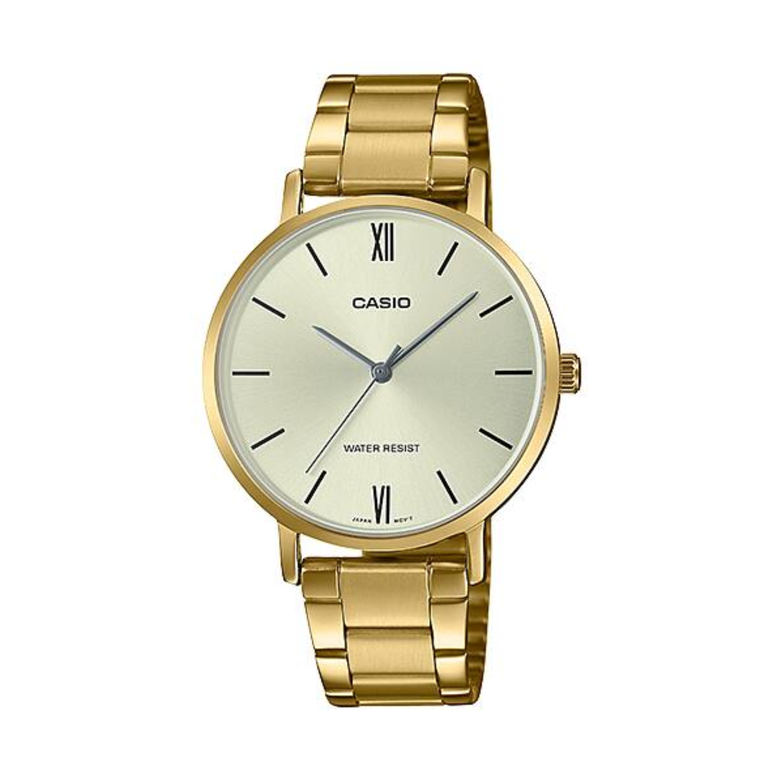 Gold Casio watch on a white background