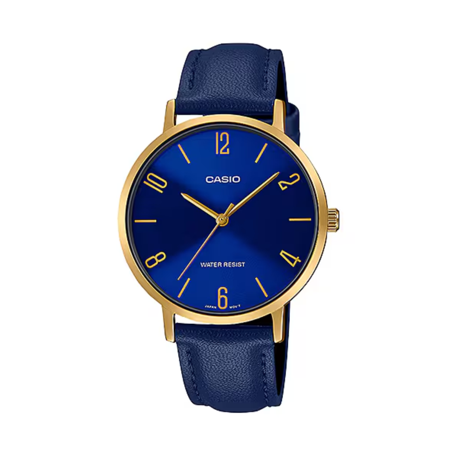 Casio watch with blue face and strap on a white background