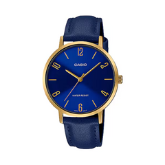 Casio watch with blue face and strap on a white background