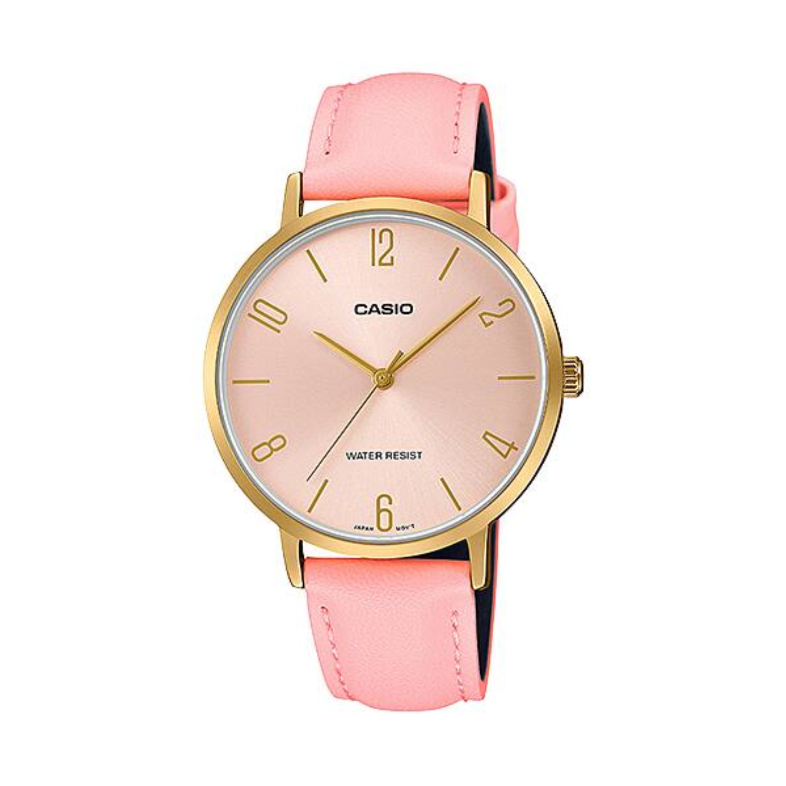 Casio watch with pink strap and gold casing on a white background