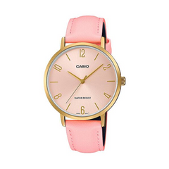 Casio watch with pink strap and gold casing on a white background