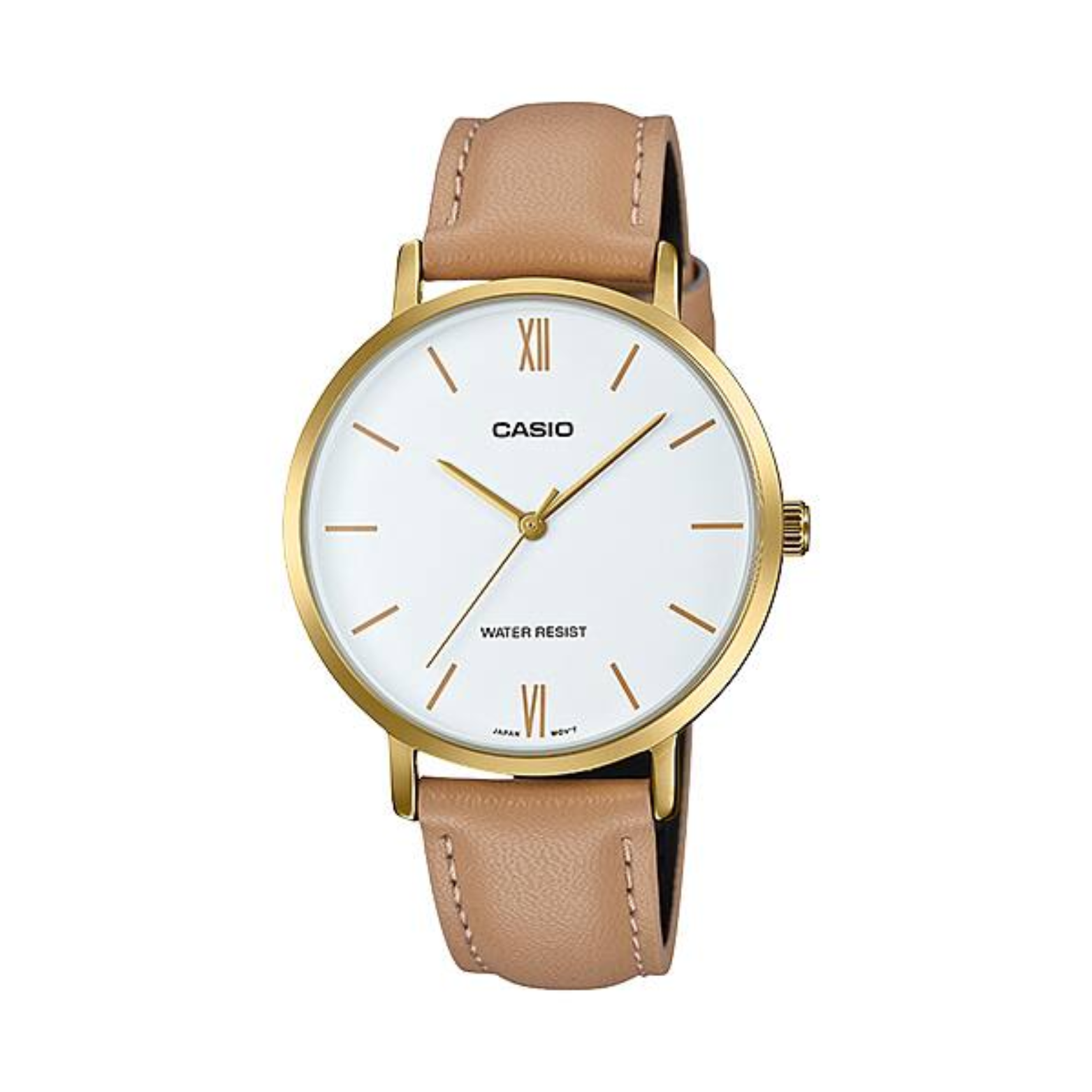 Casio watch with gold case and beige leather strap on a white background