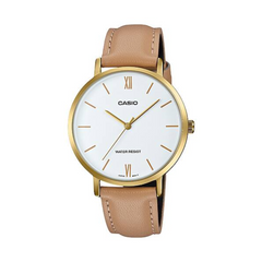 Casio watch with gold case and beige leather strap on a white background