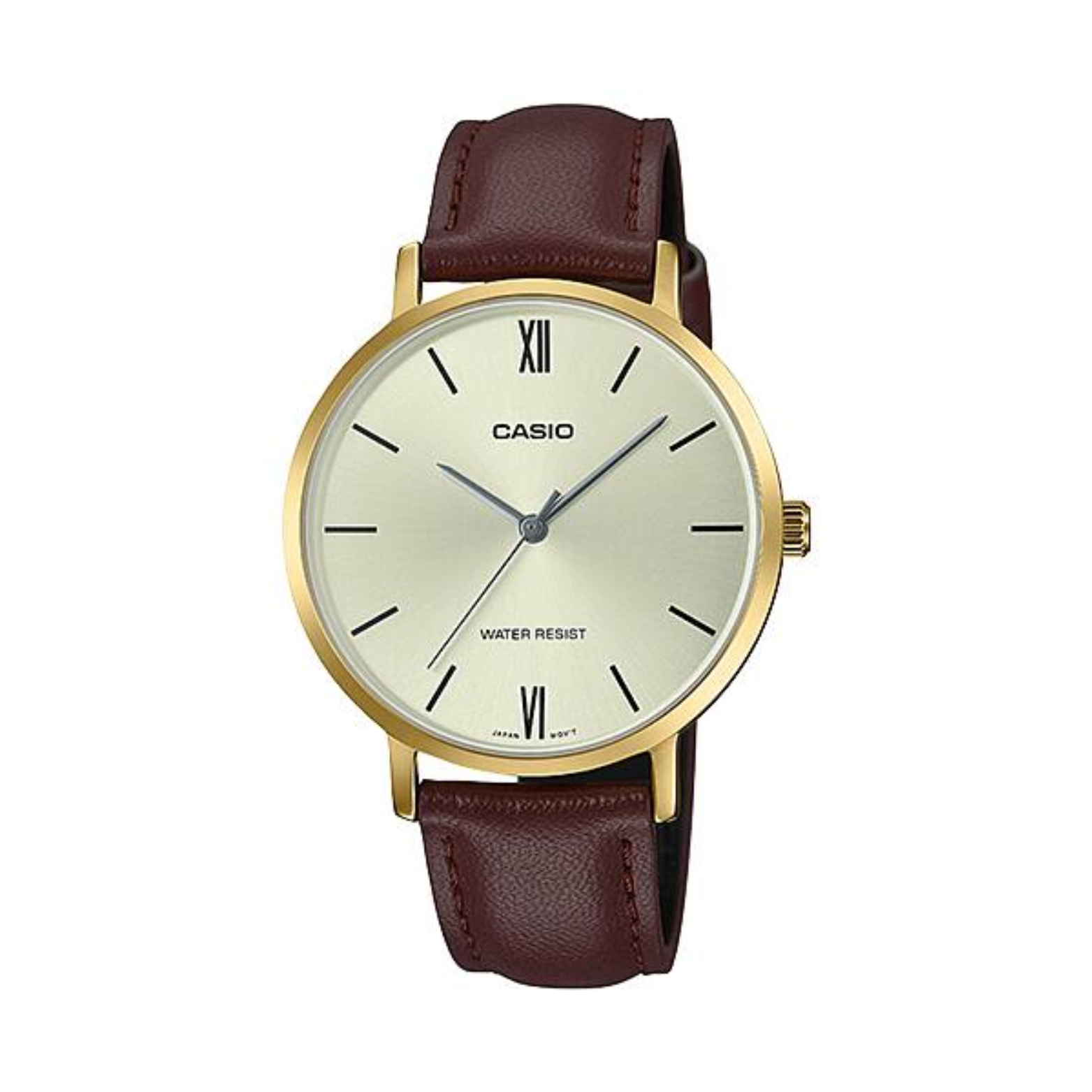 Casio watch with gold case and brown leather strap on a white background