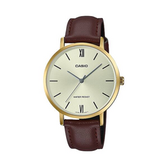 Casio watch with gold case and brown leather strap on a white background