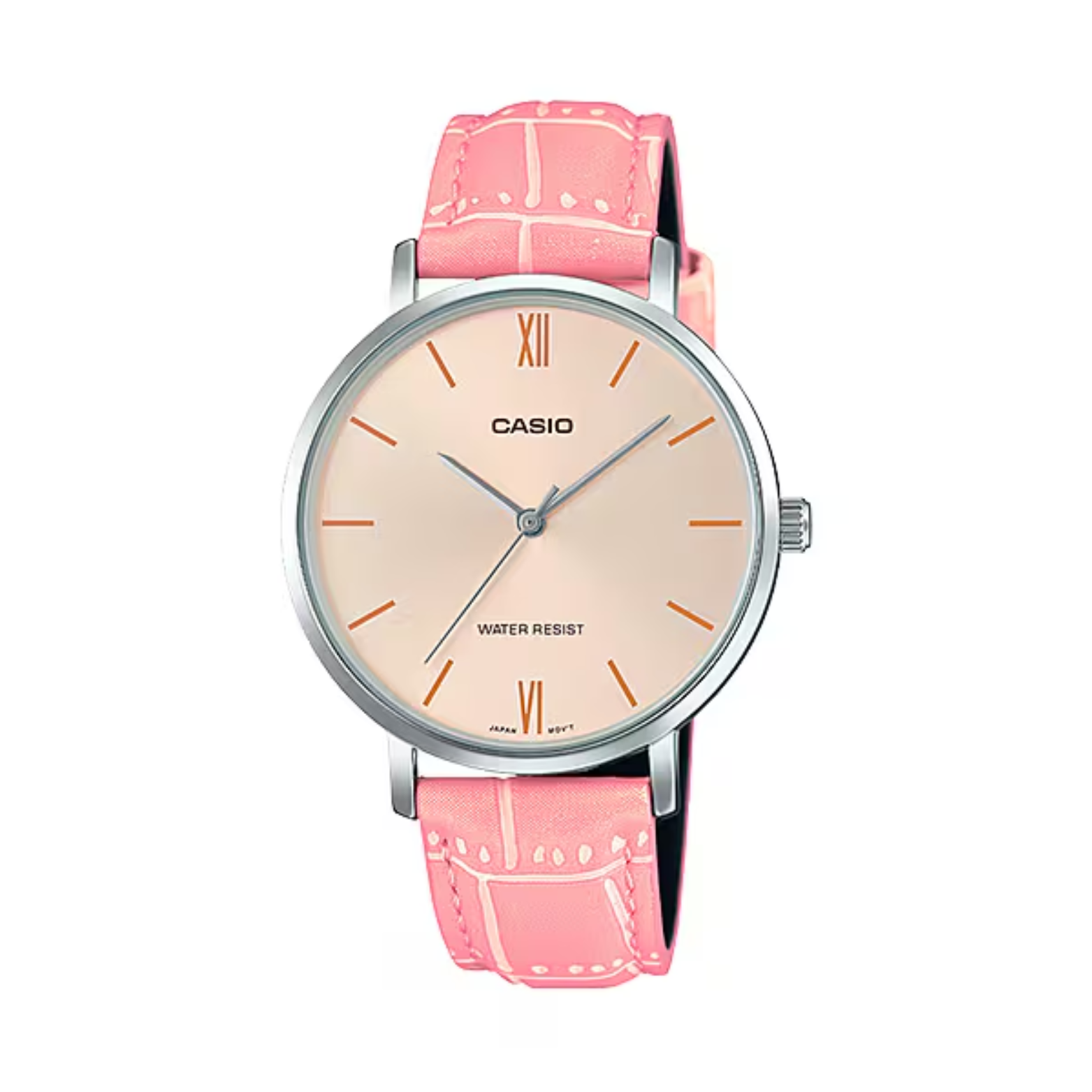 Casio watch with a pink strap on a white background