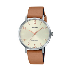 Casio watch with brown leather strap on a white background