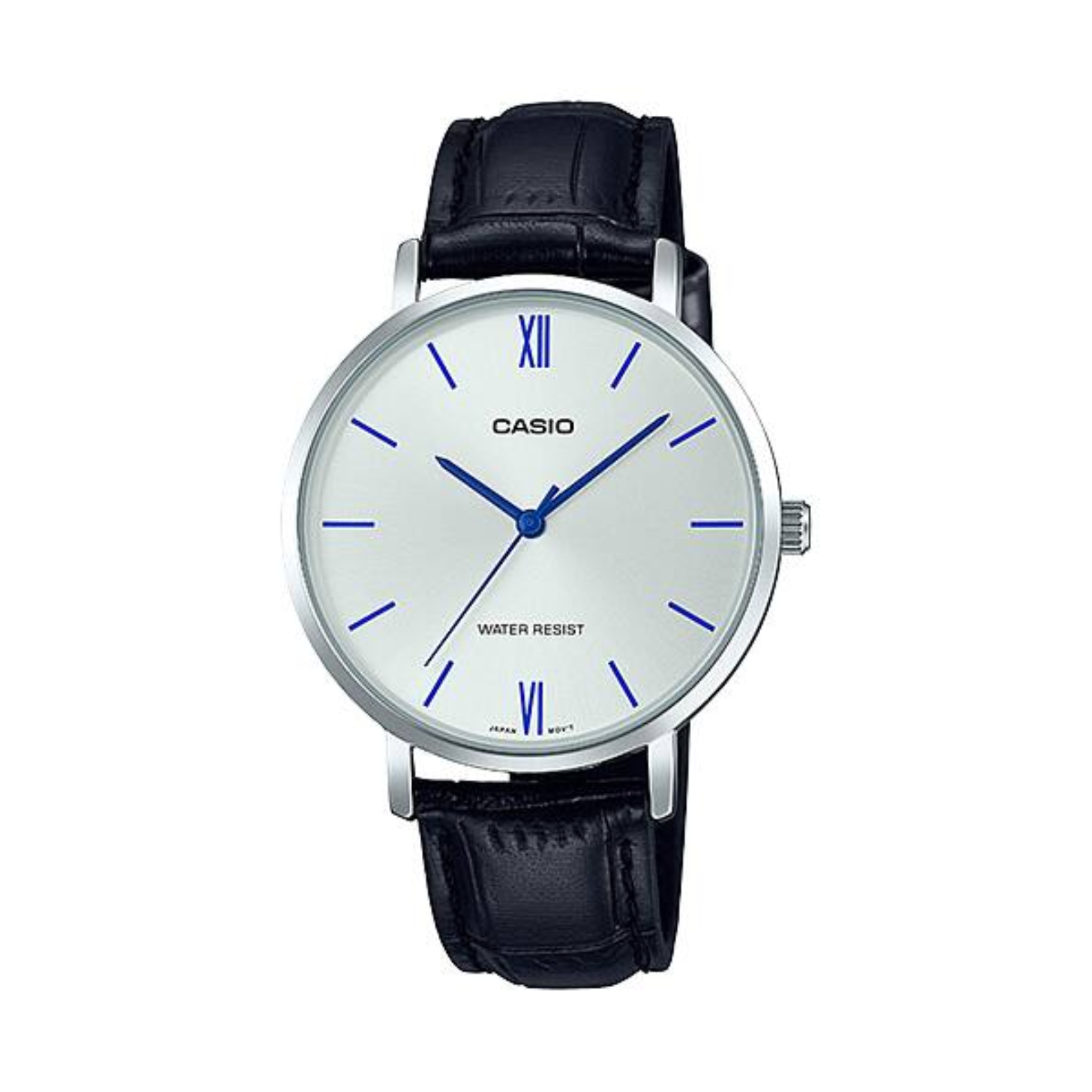 Casio watch with black leather strap and white dial on a white background