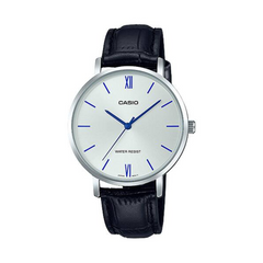 Casio watch with black leather strap and white dial on a white background