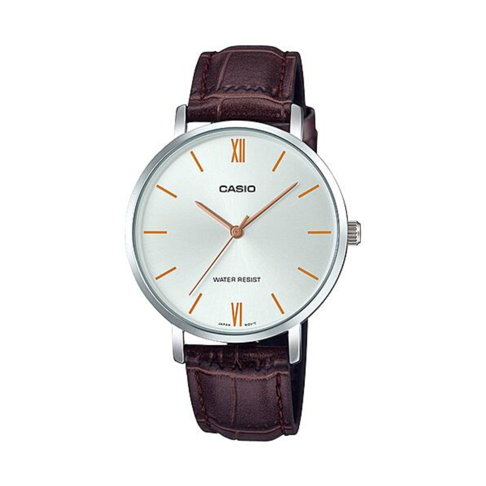Casio watch with brown leather strap on a white background