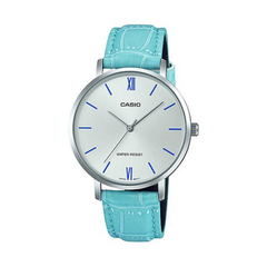 Casio watch with a turquoise strap on a white background